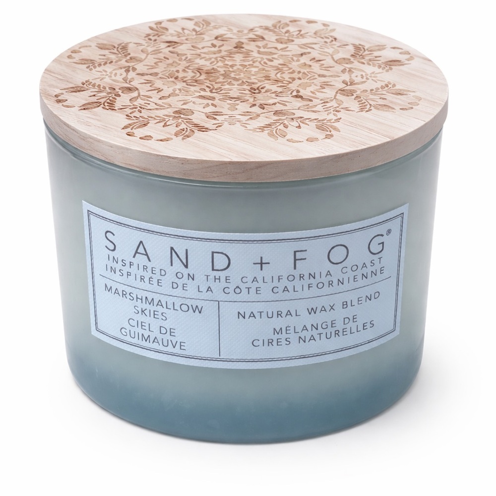 Sand + Fog Marshmallow Skies Scented Candle — Blue Glass with Wooden Lid
